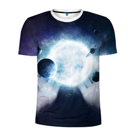 Мужская футболка 3D спортивная с принтом Солнечная система на ладонях в Кировске, 100% полиэстер с улучшенными характеристиками | приталенный силуэт, круглая горловина, широкие плечи, сужается к линии бедра | вселенная | галактика | звезды | планеты | солнце | туманность