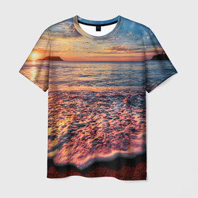 Мужская футболка 3D с принтом Sunset в Кировске, 100% полиэфир | прямой крой, круглый вырез горловины, длина до линии бедер | закат | море | океан | пена | песок | пляж | прибой | прилив | рассвет