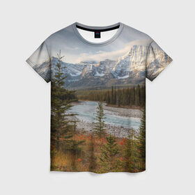 Женская футболка 3D с принтом Осень в горах в Кировске, 100% полиэфир ( синтетическое хлопкоподобное полотно) | прямой крой, круглый вырез горловины, длина до линии бедер | горы | лес | осень | пейзаж