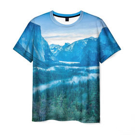 Мужская футболка 3D с принтом Горный пейзаж в Кировске, 100% полиэфир | прямой крой, круглый вырез горловины, длина до линии бедер | горный хребет | горы | каньон | лес | пейзаж | речка | туман | ущелье