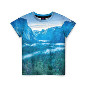 Детская футболка 3D с принтом Горный пейзаж в Кировске, 100% гипоаллергенный полиэфир | прямой крой, круглый вырез горловины, длина до линии бедер, чуть спущенное плечо, ткань немного тянется | горный хребет | горы | каньон | лес | пейзаж | речка | туман | ущелье
