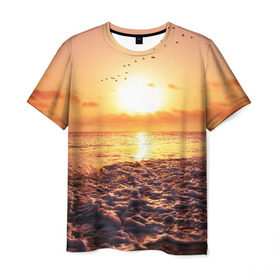 Мужская футболка 3D с принтом Закат в Кировске, 100% полиэфир | прямой крой, круглый вырез горловины, длина до линии бедер | sunset | жара | закат | зной | косяк | лето | море | облака | океан | отдых | пена | песок | пляж | прибой | прилив | рассвет | солнце | стая птиц