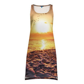 Платье-майка 3D с принтом Закат в Кировске, 100% полиэстер | полуприлегающий силуэт, широкие бретели, круглый вырез горловины, удлиненный подол сзади. | sunset | жара | закат | зной | косяк | лето | море | облака | океан | отдых | пена | песок | пляж | прибой | прилив | рассвет | солнце | стая птиц