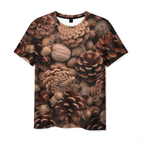 Мужская футболка 3D с принтом Шишки и орешки в Кировске, 100% полиэфир | прямой крой, круглый вырез горловины, длина до линии бедер | дуб | ёлка | ель | жёлудь | иголки | кедр | лес | орех | орешки | осень | сосна | шишки