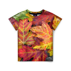 Детская футболка 3D с принтом Осенняя пора в Кировске, 100% гипоаллергенный полиэфир | прямой крой, круглый вырез горловины, длина до линии бедер, чуть спущенное плечо, ткань немного тянется | жёлтый | красный | листва | листья | осень