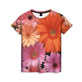 Женская футболка 3D с принтом Цветы в Кировске, 100% полиэфир ( синтетическое хлопкоподобное полотно) | прямой крой, круглый вырез горловины, длина до линии бедер | букет | георгины | жёлтый | красота | полевые | розовый | ромашки | фиолетовый | хризантемы | цветы