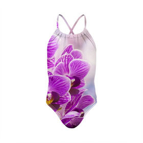 Детский купальник 3D с принтом Божественная орхидея в Кировске, Полиэстер 85%, Спандекс 15% | Слитный крой, подклад по переду изделия, узкие бретели | 8 марта | букет | весна | красота | куст | лето | орхидея | подарок | сиреневый цвет | цветок | шикарный цветочек