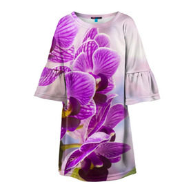 Детское платье 3D с принтом Божественная орхидея в Кировске, 100% полиэстер | прямой силуэт, чуть расширенный к низу. Круглая горловина, на рукавах — воланы | 8 марта | букет | весна | красота | куст | лето | орхидея | подарок | сиреневый цвет | цветок | шикарный цветочек