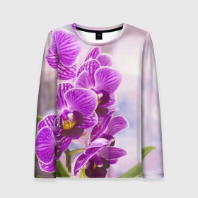 Женский лонгслив 3D с принтом Божественная орхидея в Кировске, 100% полиэстер | длинные рукава, круглый вырез горловины, полуприлегающий силуэт | 8 марта | букет | весна | красота | куст | лето | орхидея | подарок | сиреневый цвет | цветок | шикарный цветочек