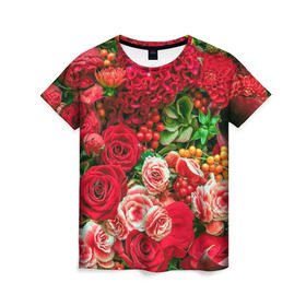 Женская футболка 3D с принтом Роскошный букет в Кировске, 100% полиэфир ( синтетическое хлопкоподобное полотно) | прямой крой, круглый вырез горловины, длина до линии бедер | 8 марта | блеск | гвоздики | красный | красота | невероятный | огромный букет | пёстрый | праздник | розы | роскошный | цветы | шикарный