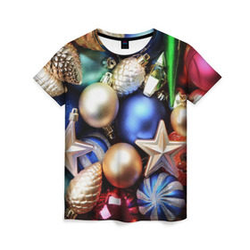 Женская футболка 3D с принтом Игрушки на ёлку в Кировске, 100% полиэфир ( синтетическое хлопкоподобное полотно) | прямой крой, круглый вырез горловины, длина до линии бедер | новогодний | рождество | шарики