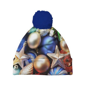 Шапка 3D c помпоном с принтом Игрушки на ёлку в Кировске, 100% полиэстер | универсальный размер, печать по всей поверхности изделия | новогодний | рождество | шарики
