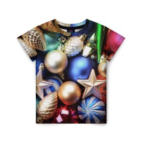 Детская футболка 3D с принтом Игрушки на ёлку в Кировске, 100% гипоаллергенный полиэфир | прямой крой, круглый вырез горловины, длина до линии бедер, чуть спущенное плечо, ткань немного тянется | новогодний | рождество | шарики