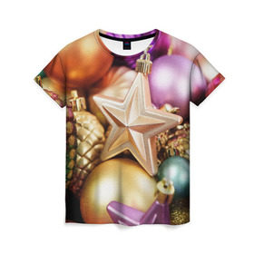 Женская футболка 3D с принтом Игрушки с ёлки в Кировске, 100% полиэфир ( синтетическое хлопкоподобное полотно) | прямой крой, круглый вырез горловины, длина до линии бедер | новогодний | рождество | шарики