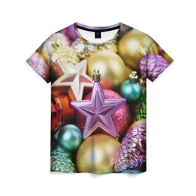 Женская футболка 3D с принтом Новогодние игрушки в Кировске, 100% полиэфир ( синтетическое хлопкоподобное полотно) | прямой крой, круглый вырез горловины, длина до линии бедер | новогодний | рождество | шарики