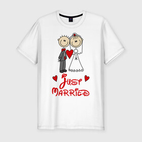 Мужская футболка премиум с принтом Just married в Кировске, 92% хлопок, 8% лайкра | приталенный силуэт, круглый вырез ворота, длина до линии бедра, короткий рукав | just married | женат | замужем | молодожены | свадьба