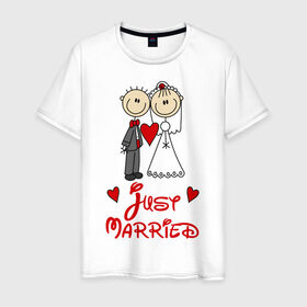 Мужская футболка хлопок с принтом Just married в Кировске, 100% хлопок | прямой крой, круглый вырез горловины, длина до линии бедер, слегка спущенное плечо. | just married | женат | замужем | молодожены | свадьба