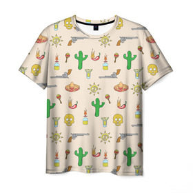 Мужская футболка 3D с принтом Мексиканский коллаж в Кировске, 100% полиэфир | прямой крой, круглый вырез горловины, длина до линии бедер | кактус | коллад | мексика | револьвер | черепа | чили