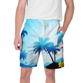 Мужские шорты 3D с принтом Пальмы в Кировске,  полиэстер 100% | прямой крой, два кармана без застежек по бокам. Мягкая трикотажная резинка на поясе, внутри которой широкие завязки. Длина чуть выше колен | вектор | небо | остров | пальмы | пляж