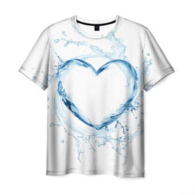 Мужская футболка 3D с принтом Водяное сердце в Кировске, 100% полиэфир | прямой крой, круглый вырез горловины, длина до линии бедер | брызги | вода | жидкость | капли | кольцо | круг | сердце | синий