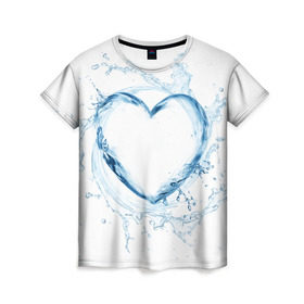 Женская футболка 3D с принтом Водяное сердце в Кировске, 100% полиэфир ( синтетическое хлопкоподобное полотно) | прямой крой, круглый вырез горловины, длина до линии бедер | брызги | вода | жидкость | капли | кольцо | круг | сердце | синий