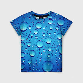 Детская футболка 3D с принтом Капли воды в Кировске, 100% гипоаллергенный полиэфир | прямой крой, круглый вырез горловины, длина до линии бедер, чуть спущенное плечо, ткань немного тянется | Тематика изображения на принте: вода | дождь | жидкость | капли | конденсат | роса | синий фон