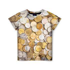 Детская футболка 3D с принтом Российские монетки в Кировске, 100% гипоаллергенный полиэфир | прямой крой, круглый вырез горловины, длина до линии бедер, чуть спущенное плечо, ткань немного тянется | Тематика изображения на принте: money | валюта | деньги | копейка | лавэ | мелочёвка | мелочь | монетки | монеты | россия | рубль | филки