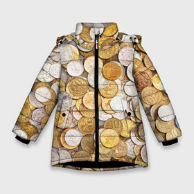 Зимняя куртка для девочек 3D с принтом Российские монетки в Кировске, ткань верха — 100% полиэстер; подклад — 100% полиэстер, утеплитель — 100% полиэстер. | длина ниже бедра, удлиненная спинка, воротник стойка и отстегивающийся капюшон. Есть боковые карманы с листочкой на кнопках, утяжки по низу изделия и внутренний карман на молнии. 

Предусмотрены светоотражающий принт на спинке, радужный светоотражающий элемент на пуллере молнии и на резинке для утяжки. | Тематика изображения на принте: money | валюта | деньги | копейка | лавэ | мелочёвка | мелочь | монетки | монеты | россия | рубль | филки