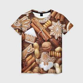 Женская футболка 3D с принтом Новогодние вкусняшки в Кировске, 100% полиэфир ( синтетическое хлопкоподобное полотно) | прямой крой, круглый вырез горловины, длина до линии бедер | вкусняшки | конфеты | лакомство | леденцы | новый год | обжора | объедение | орешки | печенки | праздник | сладкоежка | сладости