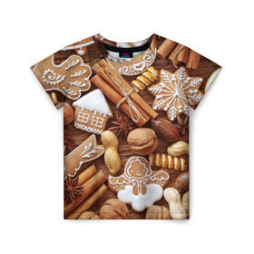 Детская футболка 3D с принтом Новогодние вкусняшки в Кировске, 100% гипоаллергенный полиэфир | прямой крой, круглый вырез горловины, длина до линии бедер, чуть спущенное плечо, ткань немного тянется | вкусняшки | конфеты | лакомство | леденцы | новый год | обжора | объедение | орешки | печенки | праздник | сладкоежка | сладости
