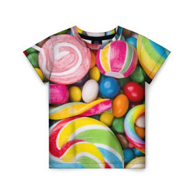 Детская футболка 3D с принтом Вкусняшки в Кировске, 100% гипоаллергенный полиэфир | прямой крой, круглый вырез горловины, длина до линии бедер, чуть спущенное плечо, ткань немного тянется | вкусняшки | драже | конфеты | лакомство | леденцы | мармелад | обжора | объедение | орешки | праздник | сладкоежка | сладости | шоколад