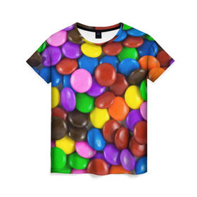 Женская футболка 3D с принтом Цветные конфетки в Кировске, 100% полиэфир ( синтетическое хлопкоподобное полотно) | прямой крой, круглый вырез горловины, длина до линии бедер | Тематика изображения на принте: вкусняшки | драже | конфеты | лакомство | сладости | шоколад