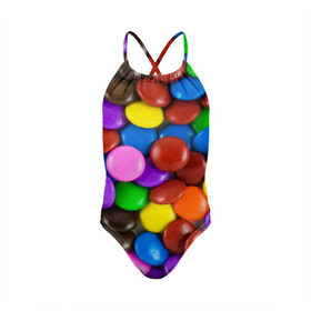 Детский купальник 3D с принтом Цветные конфетки в Кировске, Полиэстер 85%, Спандекс 15% | Слитный крой, подклад по переду изделия, узкие бретели | Тематика изображения на принте: вкусняшки | драже | конфеты | лакомство | сладости | шоколад