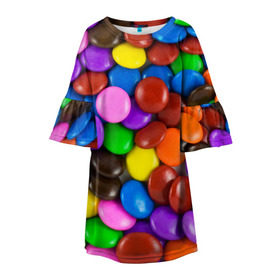 Детское платье 3D с принтом Цветные конфетки в Кировске, 100% полиэстер | прямой силуэт, чуть расширенный к низу. Круглая горловина, на рукавах — воланы | Тематика изображения на принте: вкусняшки | драже | конфеты | лакомство | сладости | шоколад