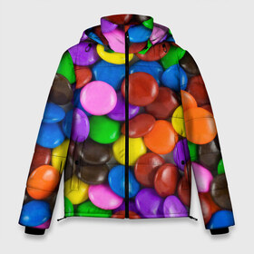Мужская зимняя куртка 3D с принтом Цветные конфетки в Кировске, верх — 100% полиэстер; подкладка — 100% полиэстер; утеплитель — 100% полиэстер | длина ниже бедра, свободный силуэт Оверсайз. Есть воротник-стойка, отстегивающийся капюшон и ветрозащитная планка. 

Боковые карманы с листочкой на кнопках и внутренний карман на молнии. | Тематика изображения на принте: вкусняшки | драже | конфеты | лакомство | сладости | шоколад