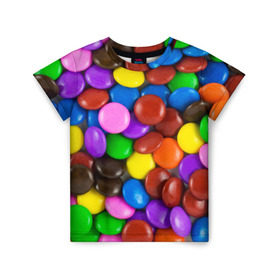Детская футболка 3D с принтом Цветные конфетки в Кировске, 100% гипоаллергенный полиэфир | прямой крой, круглый вырез горловины, длина до линии бедер, чуть спущенное плечо, ткань немного тянется | вкусняшки | драже | конфеты | лакомство | сладости | шоколад