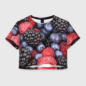 Женская футболка 3D укороченная с принтом Ягодки в Кировске, 100% полиэстер | круглая горловина, длина футболки до линии талии, рукава с отворотами | вкусно | голубика | дача | деревня | ежевика | клубника | малина | огород | полезно | сад | смородина | сок | фрукты | черника | ягоды