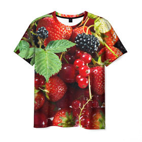 Мужская футболка 3D с принтом Любимые ягоды в Кировске, 100% полиэфир | прямой крой, круглый вырез горловины, длина до линии бедер | Тематика изображения на принте: вкусно | голубика | дача | деревня | ежевика | зелень | клубника | малина | огород | полезно | сад | смородина | сок | фрукты | черника | шиповник | ягоды