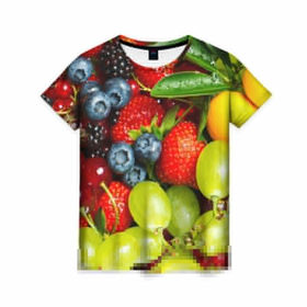 Женская футболка 3D с принтом Вкусные ягоды в Кировске, 100% полиэфир ( синтетическое хлопкоподобное полотно) | прямой крой, круглый вырез горловины, длина до линии бедер | виноград | вкусно | голубика | дача | деревня | ежевика | клубника | малина | огород | полезно | рябина | сад | смородина | сок | фрукты | черника | ягоды
