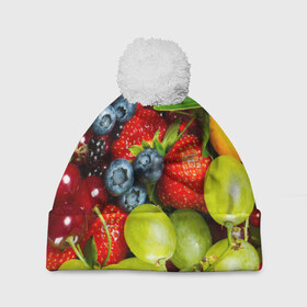 Шапка 3D c помпоном с принтом Вкусные ягоды в Кировске, 100% полиэстер | универсальный размер, печать по всей поверхности изделия | виноград | вкусно | голубика | дача | деревня | ежевика | клубника | малина | огород | полезно | рябина | сад | смородина | сок | фрукты | черника | ягоды