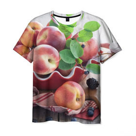 Мужская футболка 3D с принтом Персики в Кировске, 100% полиэфир | прямой крой, круглый вырез горловины, длина до линии бедер | ваза | витамины | здоровье | лакомство | мёд | овощи | персики | сладости | тарелка | фрукты | черника | ягоды