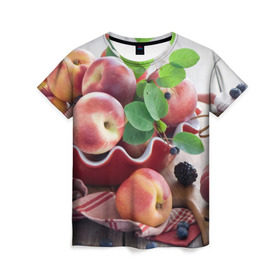 Женская футболка 3D с принтом Персики в Кировске, 100% полиэфир ( синтетическое хлопкоподобное полотно) | прямой крой, круглый вырез горловины, длина до линии бедер | ваза | витамины | здоровье | лакомство | мёд | овощи | персики | сладости | тарелка | фрукты | черника | ягоды