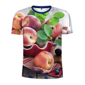 Мужская футболка 3D спортивная с принтом Персики в Кировске, 100% полиэстер с улучшенными характеристиками | приталенный силуэт, круглая горловина, широкие плечи, сужается к линии бедра | Тематика изображения на принте: ваза | витамины | здоровье | лакомство | мёд | овощи | персики | сладости | тарелка | фрукты | черника | ягоды