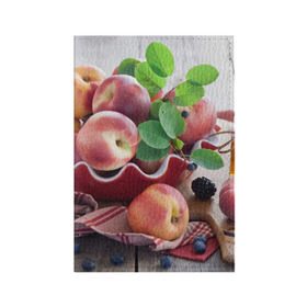 Обложка для паспорта матовая кожа с принтом Персики в Кировске, натуральная матовая кожа | размер 19,3 х 13,7 см; прозрачные пластиковые крепления | ваза | витамины | здоровье | лакомство | мёд | овощи | персики | сладости | тарелка | фрукты | черника | ягоды