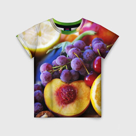 Детская футболка 3D с принтом Спелые фрукты в Кировске, 100% гипоаллергенный полиэфир | прямой крой, круглый вырез горловины, длина до линии бедер, чуть спущенное плечо, ткань немного тянется | Тематика изображения на принте: абрикос | алыча | апельсин | бодрость | веган | виноград | витамины | груша | диета | еда | здоровье | лайм | лимон | молодость | нектар | овощи | персик | питание | польза | сок | фрукты | яблоко | ягоды