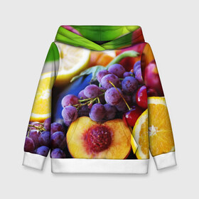 Детская толстовка 3D с принтом Спелые фрукты в Кировске, 100% полиэстер | двухслойный капюшон со шнурком для регулировки, мягкие манжеты на рукавах и по низу толстовки, спереди карман-кенгуру с мягким внутренним слоем | Тематика изображения на принте: абрикос | алыча | апельсин | бодрость | веган | виноград | витамины | груша | диета | еда | здоровье | лайм | лимон | молодость | нектар | овощи | персик | питание | польза | сок | фрукты | яблоко | ягоды