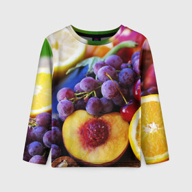 Детский лонгслив 3D с принтом Спелые фрукты в Кировске, 100% полиэстер | длинные рукава, круглый вырез горловины, полуприлегающий силуэт
 | абрикос | алыча | апельсин | бодрость | веган | виноград | витамины | груша | диета | еда | здоровье | лайм | лимон | молодость | нектар | овощи | персик | питание | польза | сок | фрукты | яблоко | ягоды