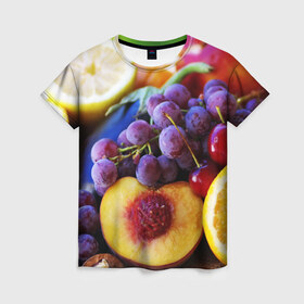 Женская футболка 3D с принтом Спелые фрукты в Кировске, 100% полиэфир ( синтетическое хлопкоподобное полотно) | прямой крой, круглый вырез горловины, длина до линии бедер | абрикос | алыча | апельсин | бодрость | веган | виноград | витамины | груша | диета | еда | здоровье | лайм | лимон | молодость | нектар | овощи | персик | питание | польза | сок | фрукты | яблоко | ягоды