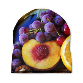 Шапка 3D с принтом Спелые фрукты в Кировске, 100% полиэстер | универсальный размер, печать по всей поверхности изделия | Тематика изображения на принте: абрикос | алыча | апельсин | бодрость | веган | виноград | витамины | груша | диета | еда | здоровье | лайм | лимон | молодость | нектар | овощи | персик | питание | польза | сок | фрукты | яблоко | ягоды