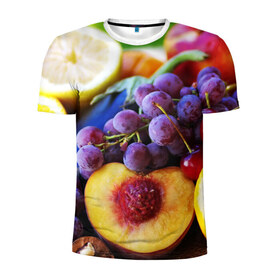 Мужская футболка 3D спортивная с принтом Спелые фрукты в Кировске, 100% полиэстер с улучшенными характеристиками | приталенный силуэт, круглая горловина, широкие плечи, сужается к линии бедра | абрикос | алыча | апельсин | бодрость | веган | виноград | витамины | груша | диета | еда | здоровье | лайм | лимон | молодость | нектар | овощи | персик | питание | польза | сок | фрукты | яблоко | ягоды